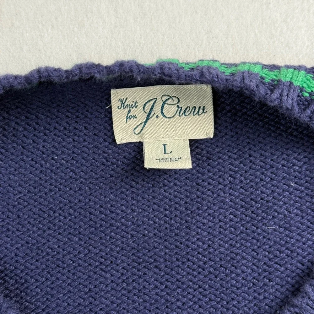 J. Crew‎ Mens Navy Blue Green Tipped Crewneck Knit Sweater Size L